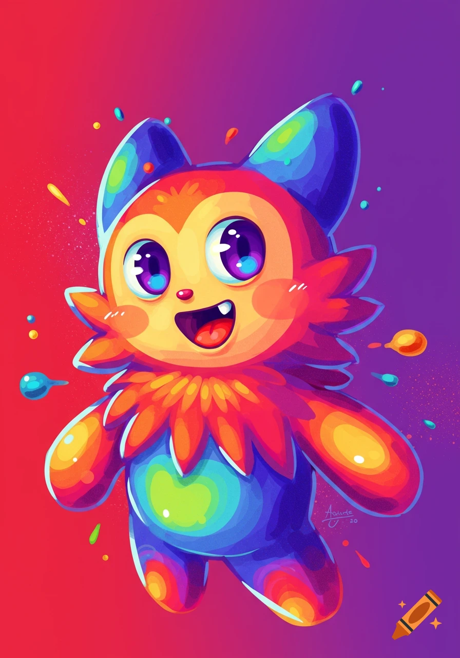 A colorful cartoon creature with big eyes and a fluffy collar on a red and purple gradient background.