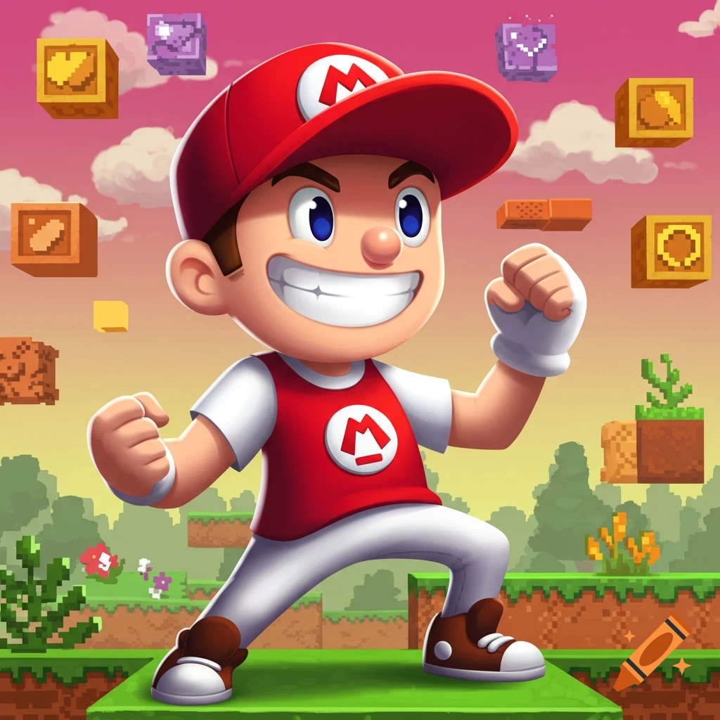 Cartoon boy character resembling Mario with a big smile in a pixelated video game landscape