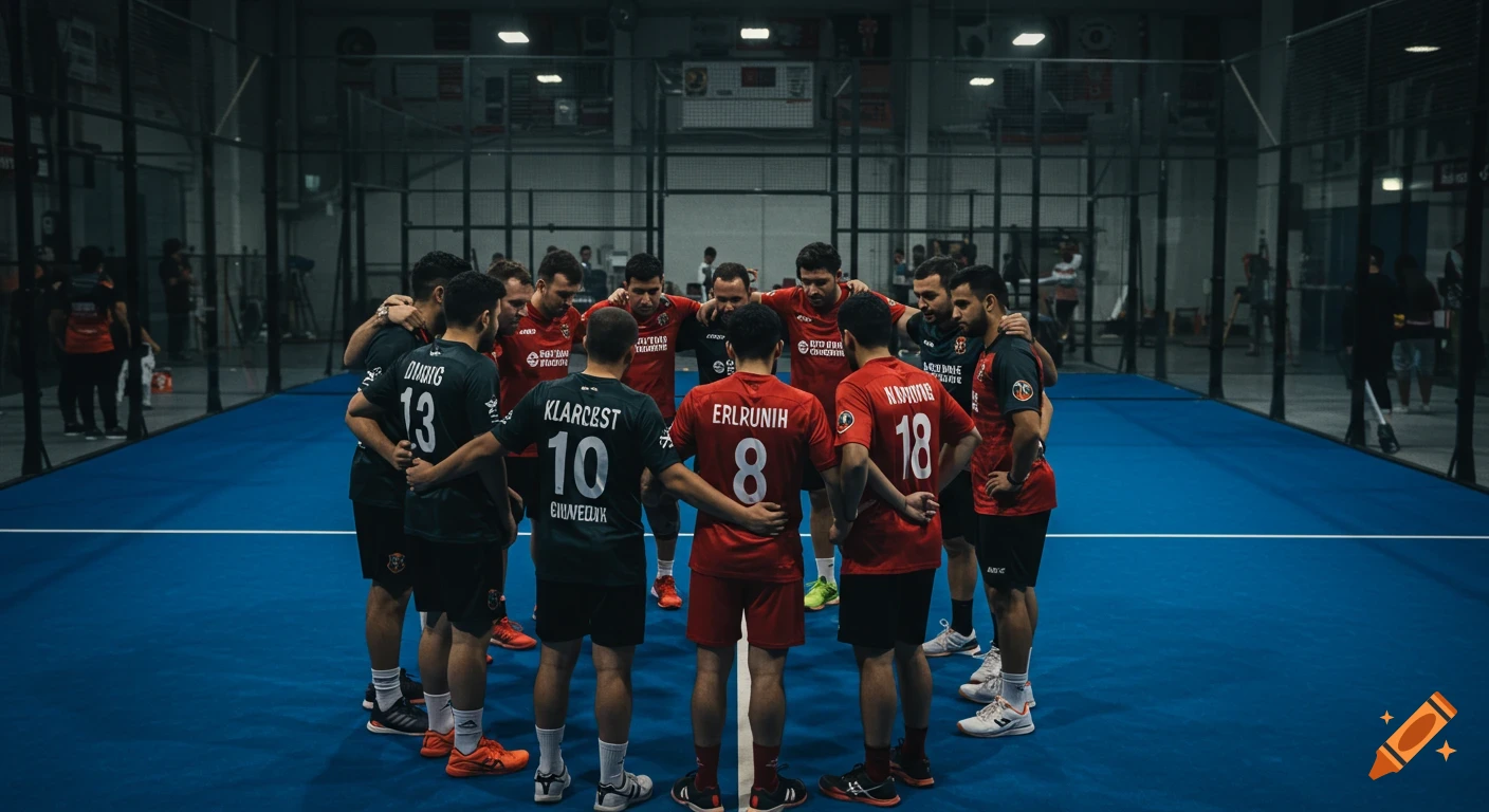Cinematic photo of a team huddling on an indoor sports court.