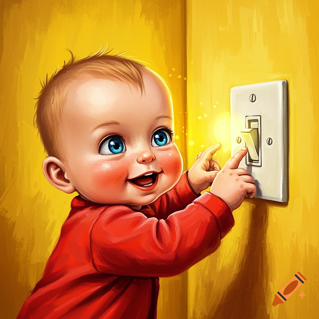 A Cute Baby In A Red Shirt Turning On A Light Switch On A Yellow Wall a-cute-baby-in-a-red-shirt-turning-on-a-light-switch-on-a-yellow-wall