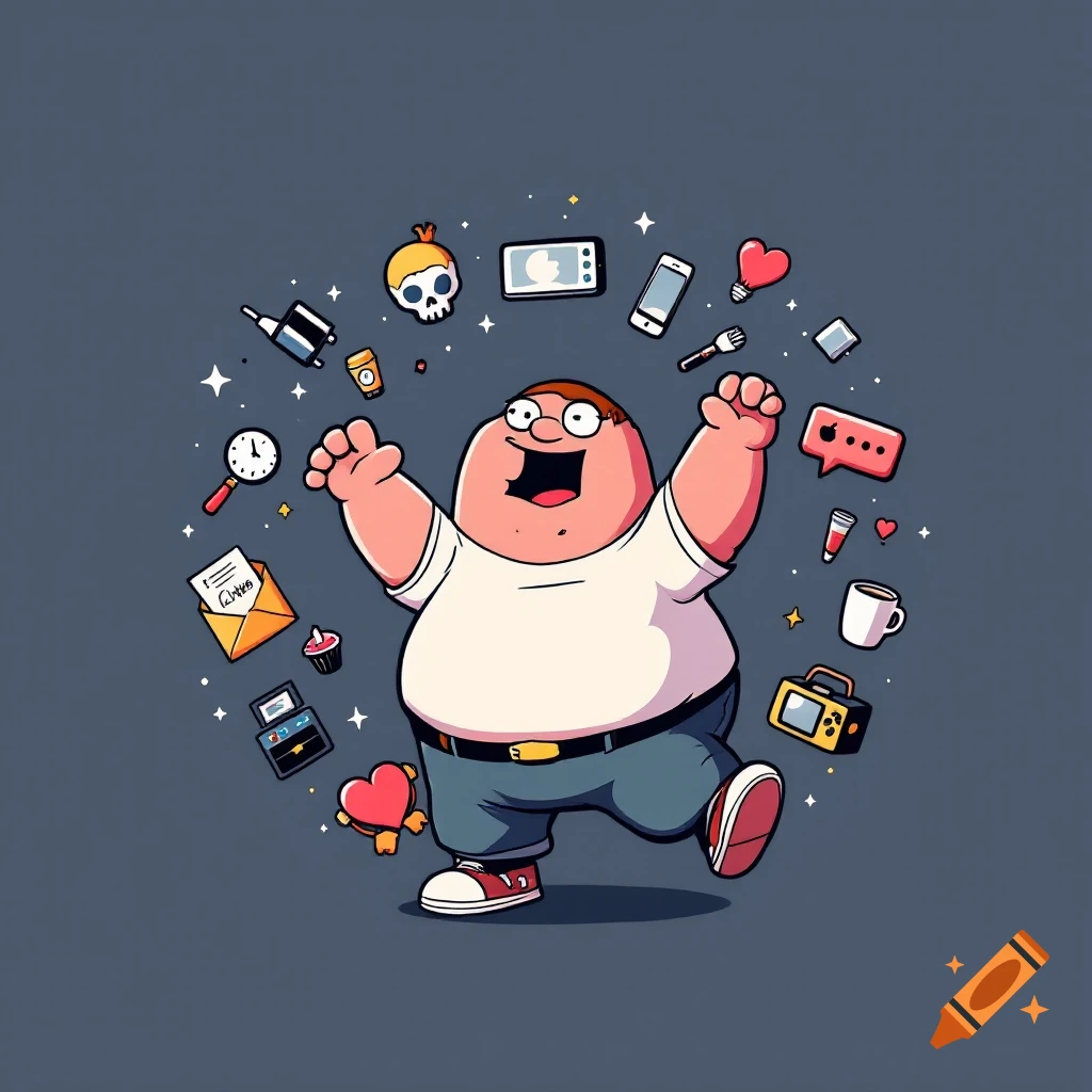 Cartoon Peter Griffin dancing surrounded by icons