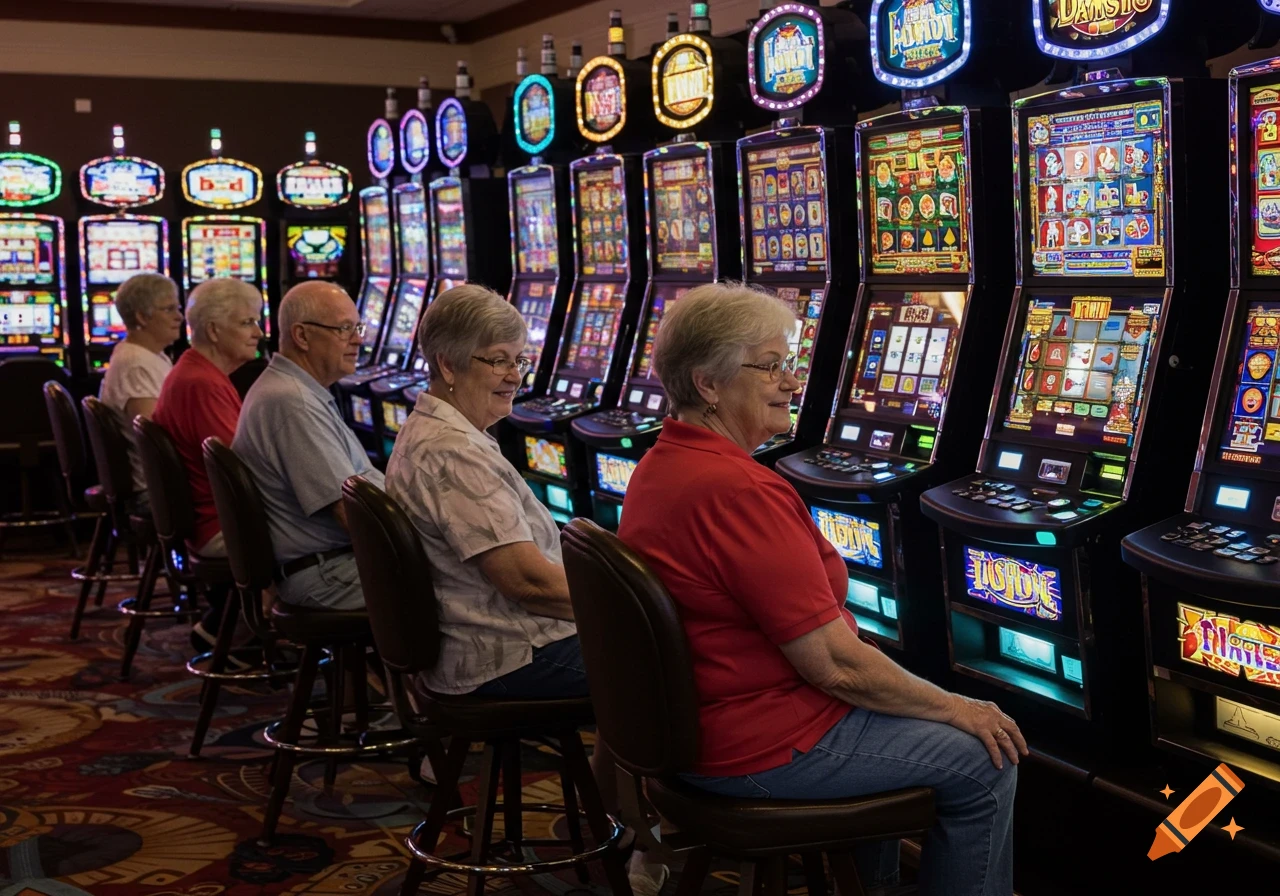 Seniors playing slot machines in a casino