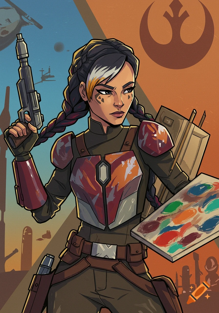 Sabine Wren from Star Wars Rebels holds a blaster and painting palette, in a stylized cartoon against a landscape.