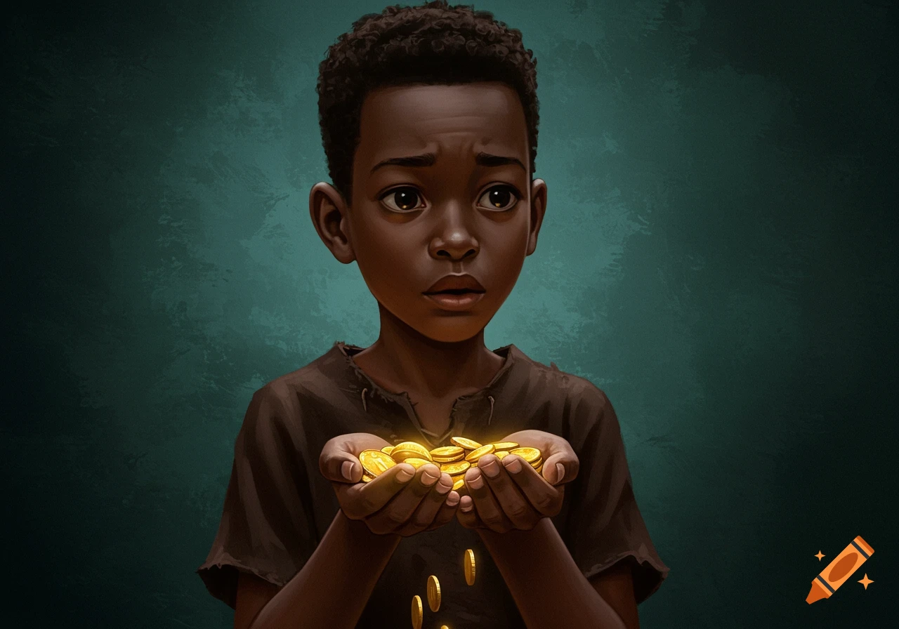 Illustration of a dark-skinned boy holding a pile of gold coins.