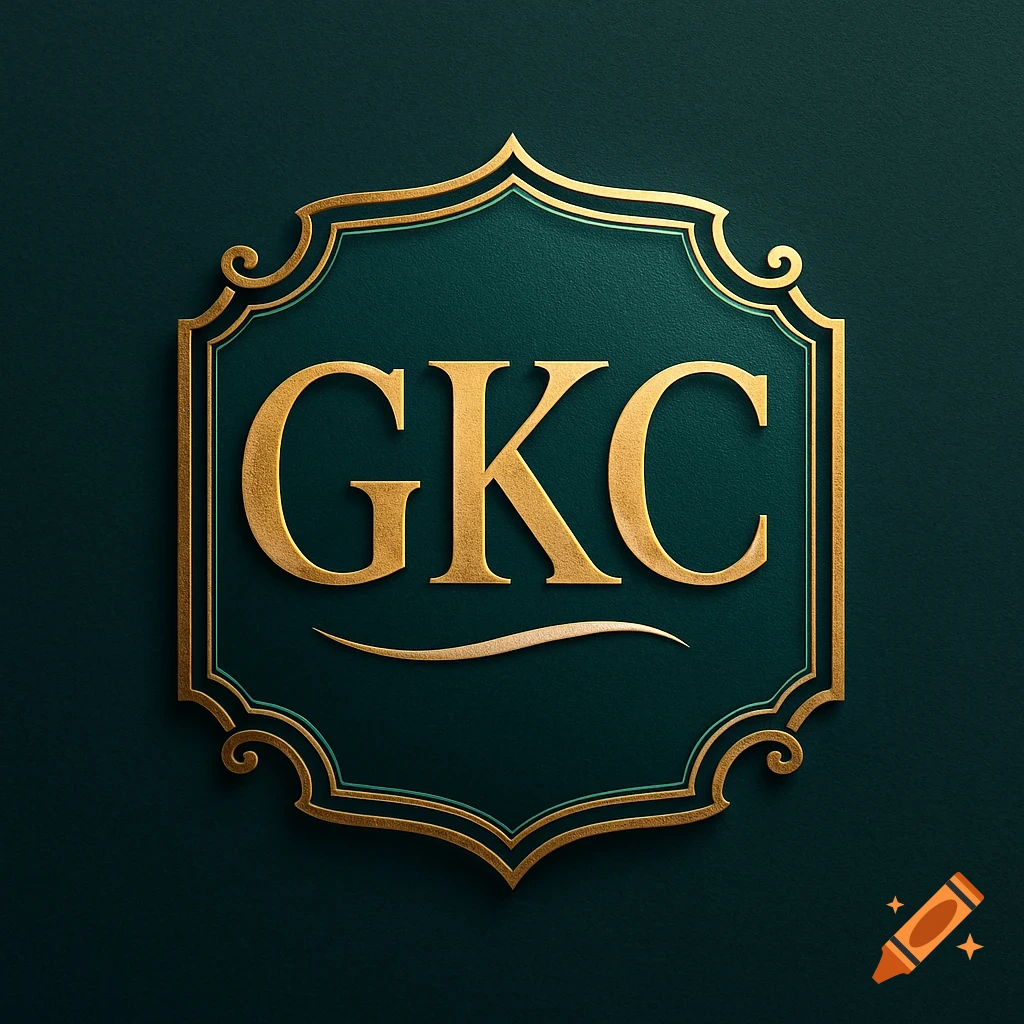 Luxury logo badge in gold and teal with the letters GKC.