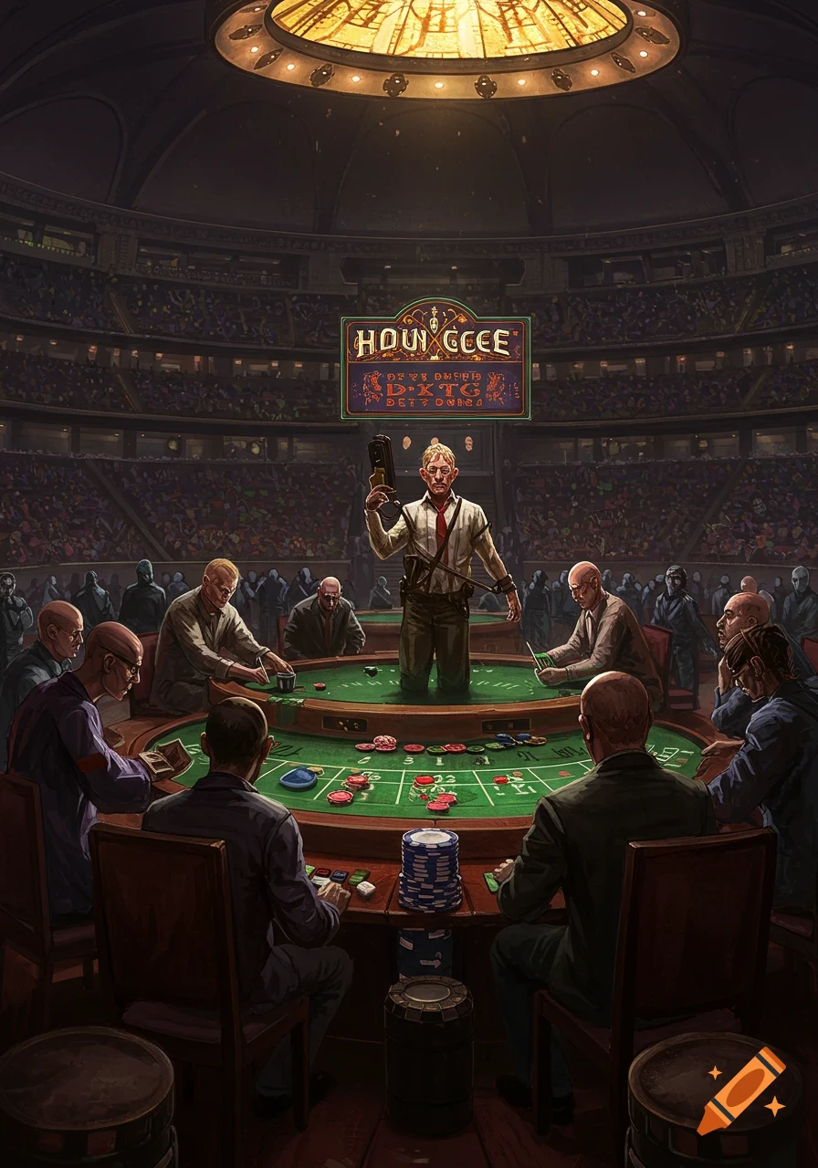 People gamble at tables in a vast arena watched by a crowd, one person holding a gun stands on a table. Detailed illustration.
