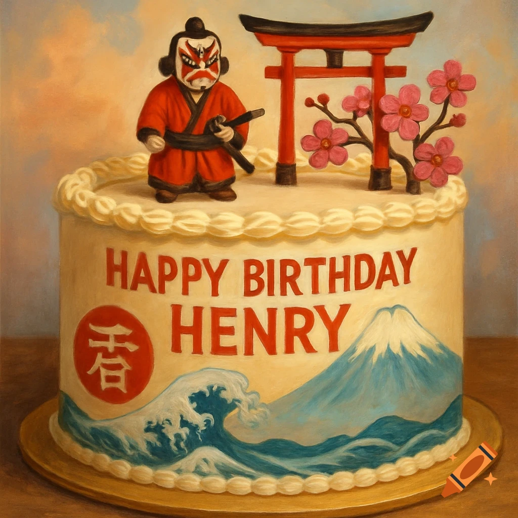 Japanese-themed birthday cake with a samurai figure, torii gate, cherry blossoms, Mount Fuji, and waves, with "Happy Birthday Henry" written on it.