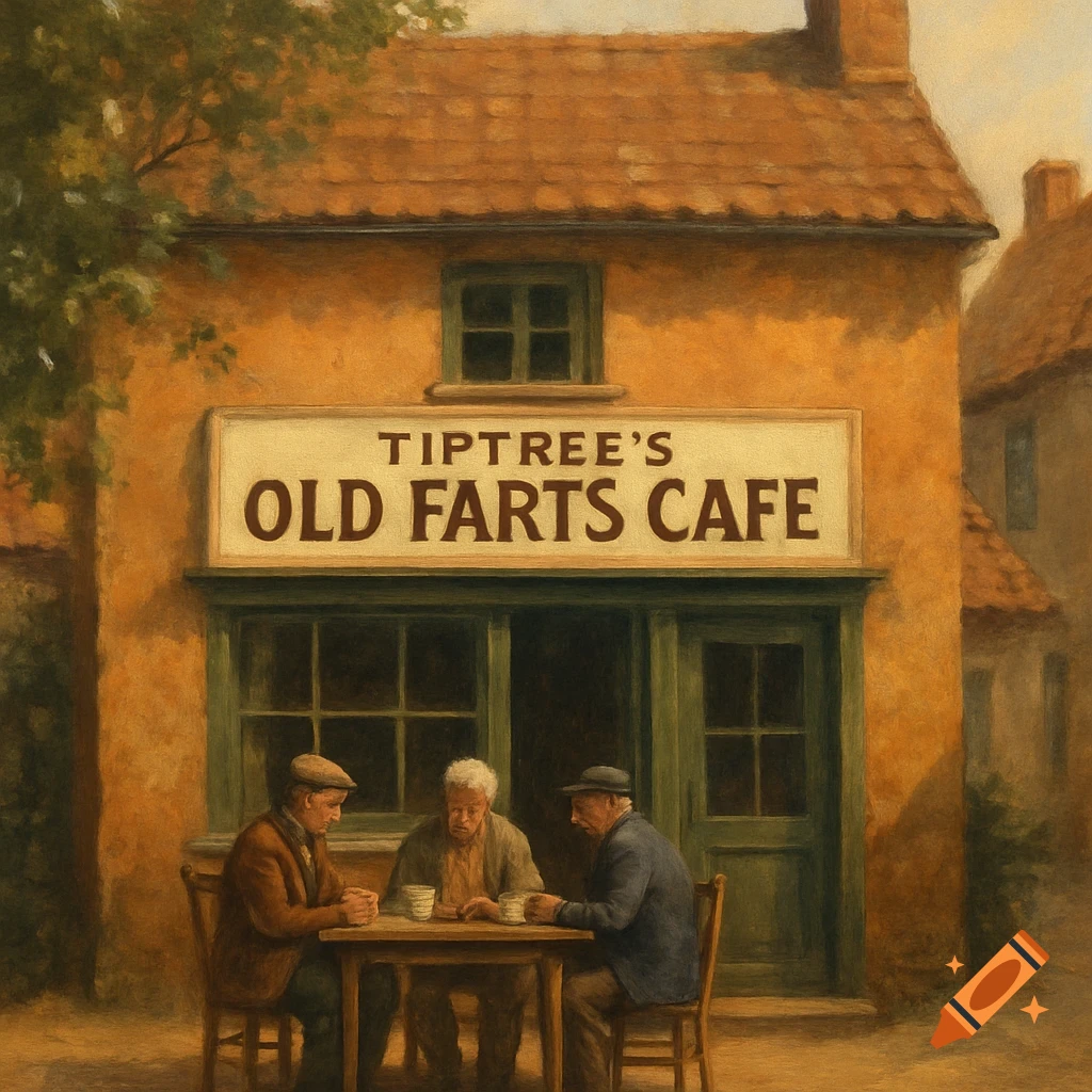 A painting of three men sitting outside Tiptree's Old Farts Cafe in a village.