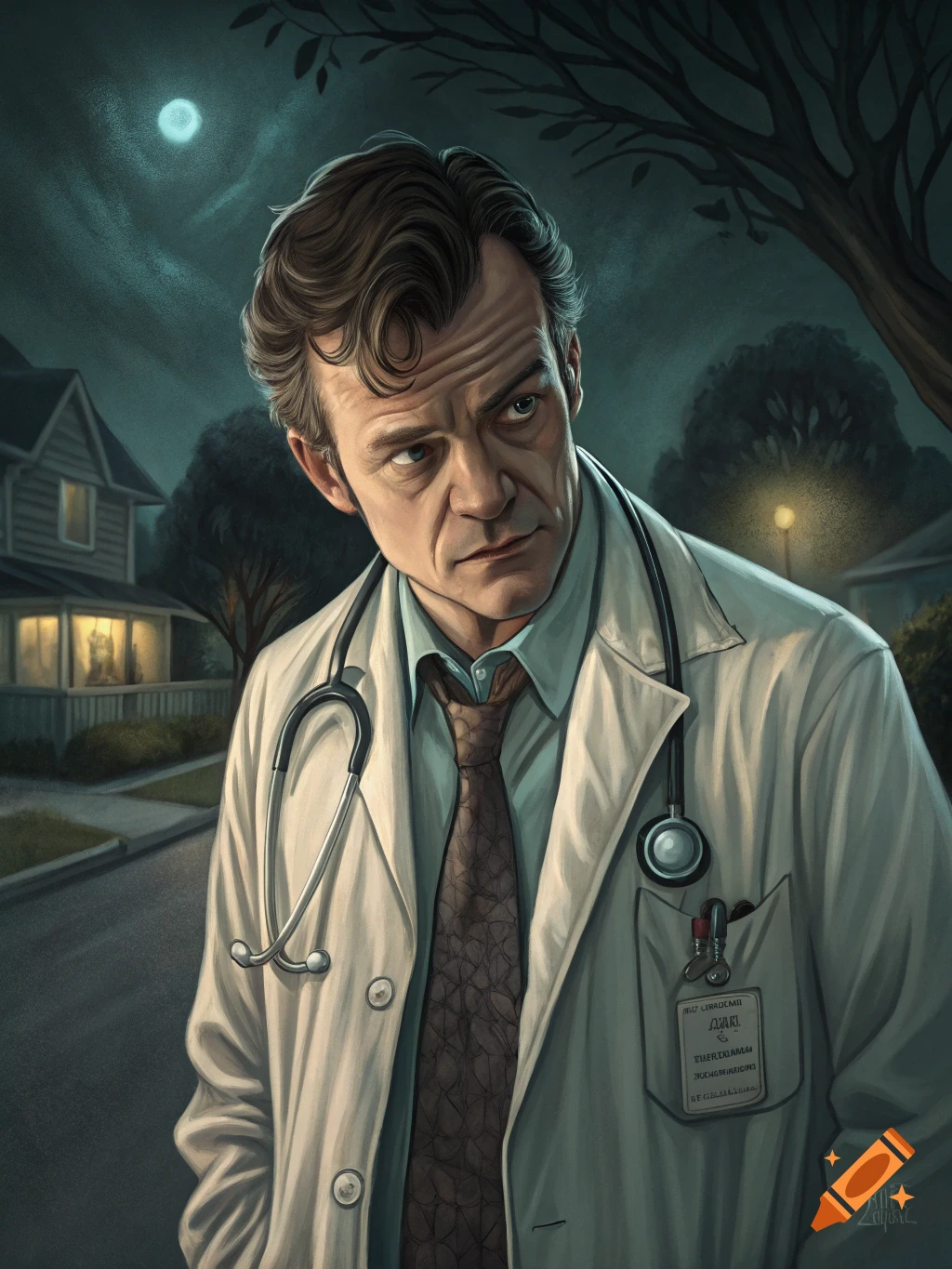 Portrait of a doctor in a white coat standing in a suburban neighborhood at night, looking to the side.