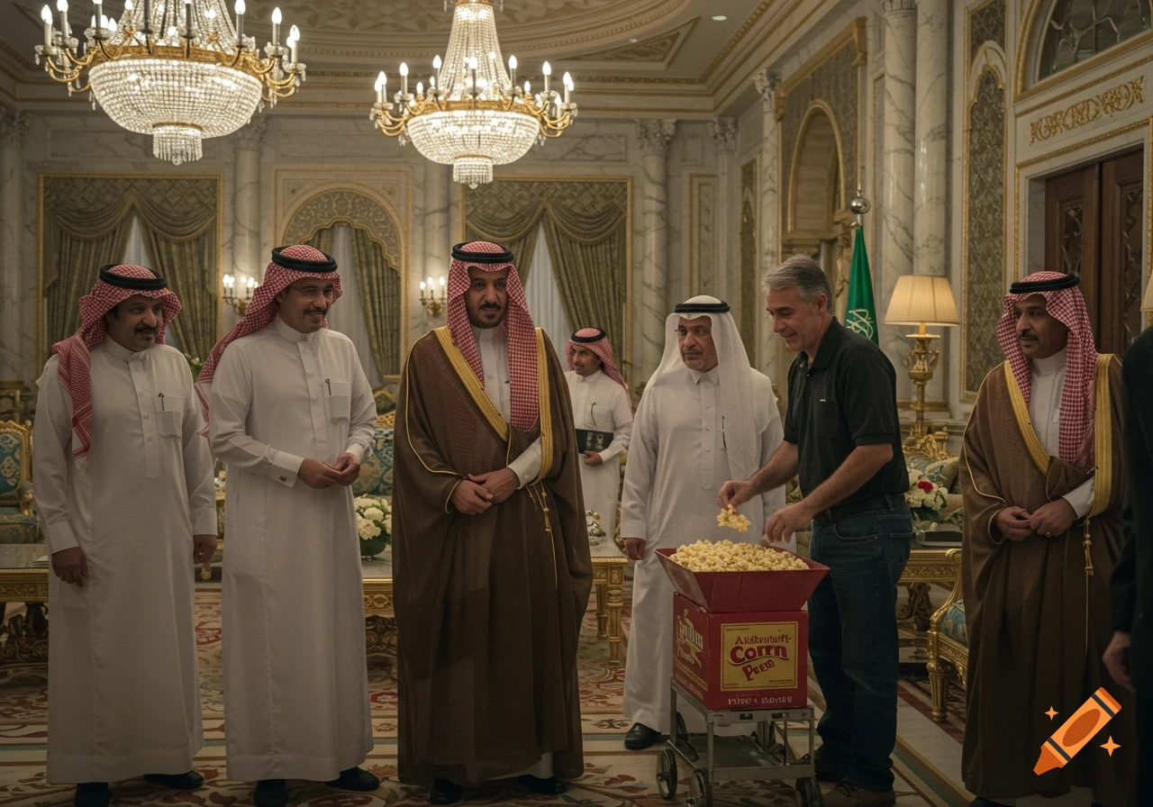 Men in traditional attire and one man serving popcorn from a cart in a grand palace room.