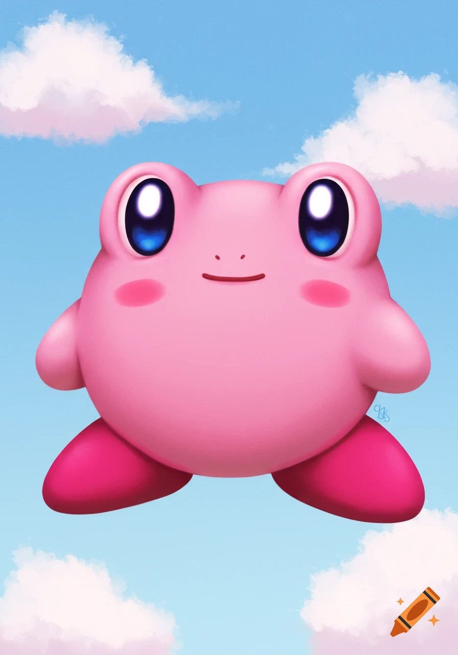 A pink cartoon character resembling Kirby with big eyes and cheeks floats in a blue sky with clouds.