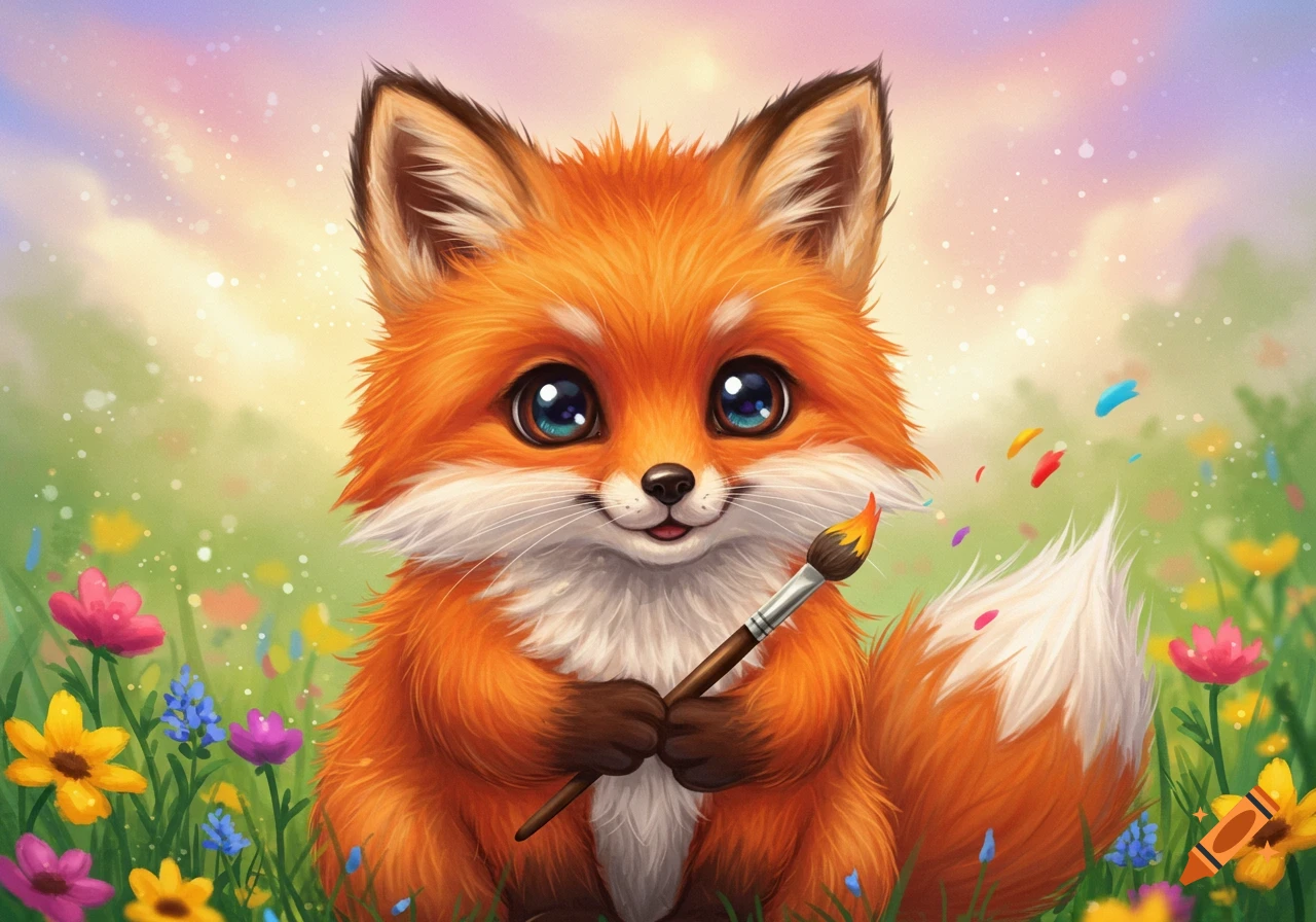 A cute orange fox holding a paintbrush sits in a field of colorful flowers.