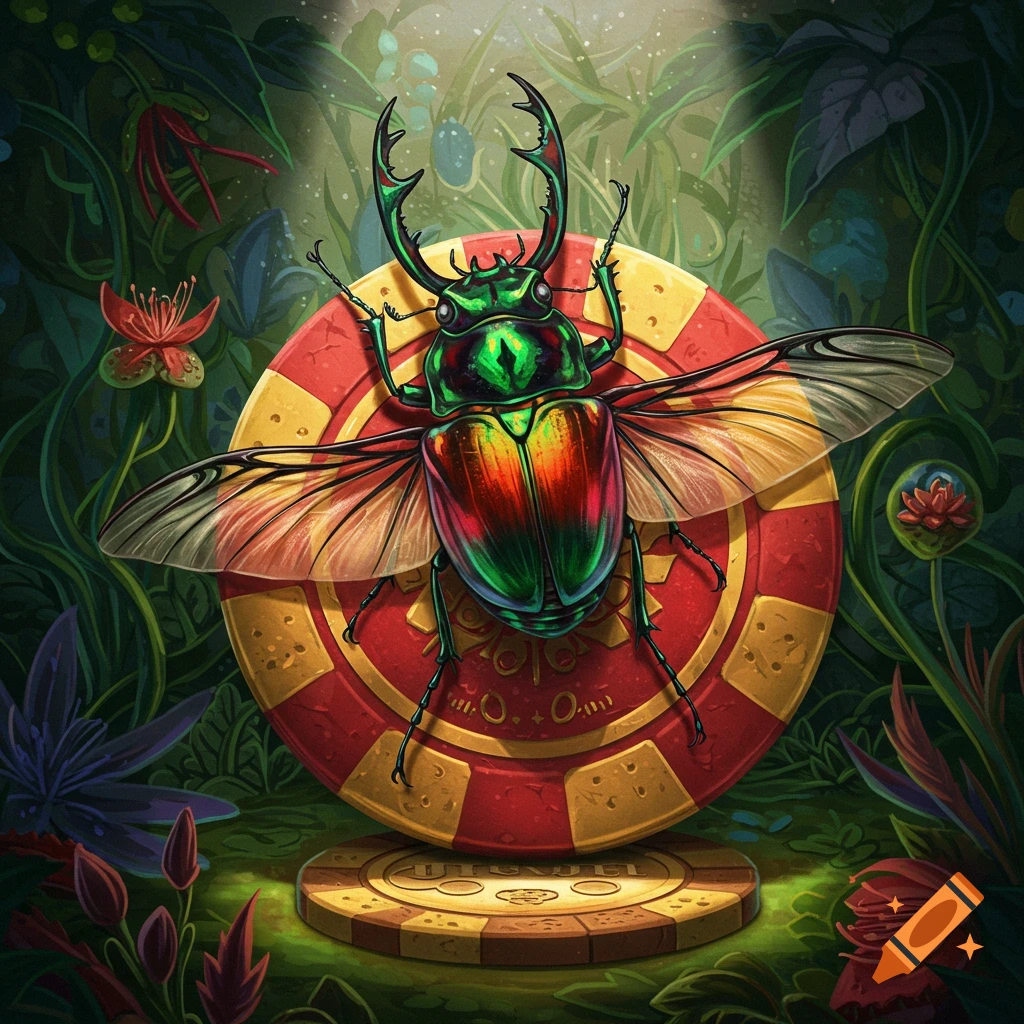 A vibrant green and red beetle sits on a large casino chip in a jungle setting, illustration.