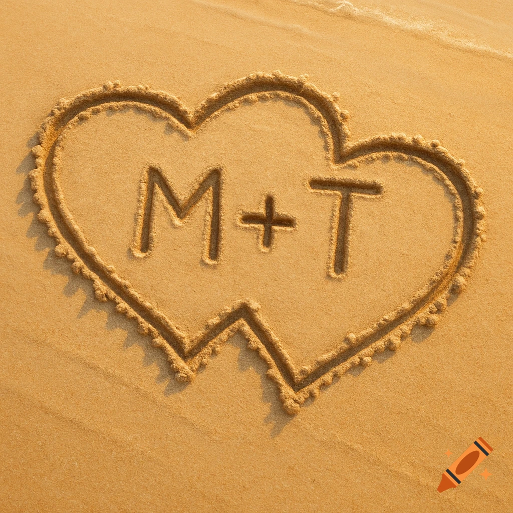 Two hearts drawn in the sand on a beach with the letters M + T inside