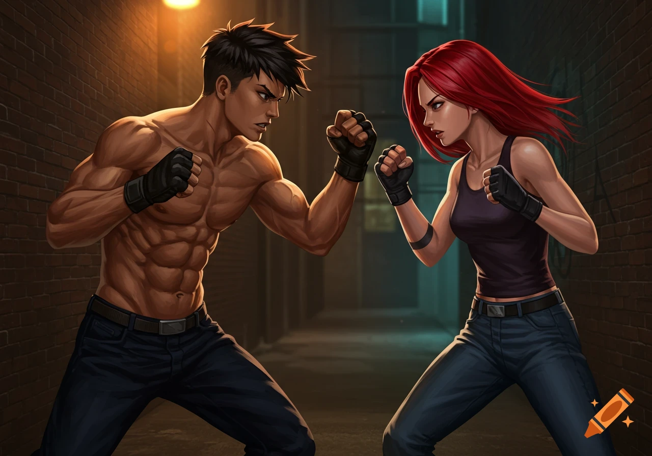 Two people in fighting stances in a dark alley, anime style illustration.