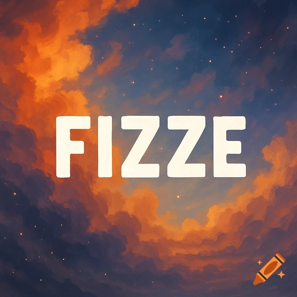 The word FIZZE in white text against a dramatic sky with orange and purple clouds and small stars.