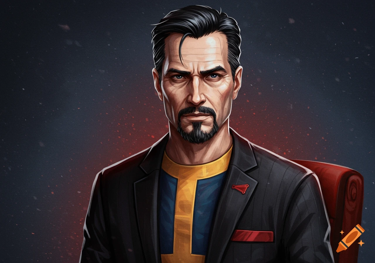 Illustration of a man in a suit with a goatee, styled after the Fallout universe