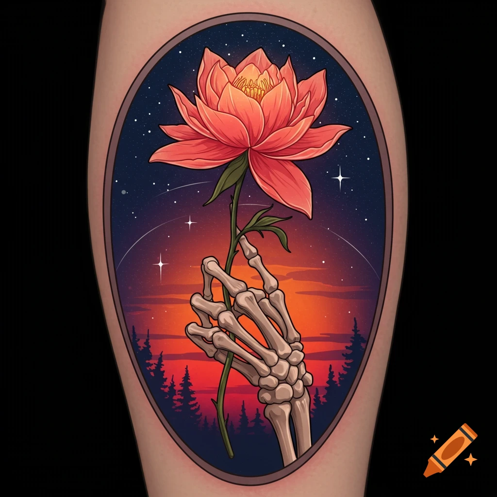 Illustration of a tattoo featuring a skeleton hand holding a red flower against a sunset and starry sky backdrop.