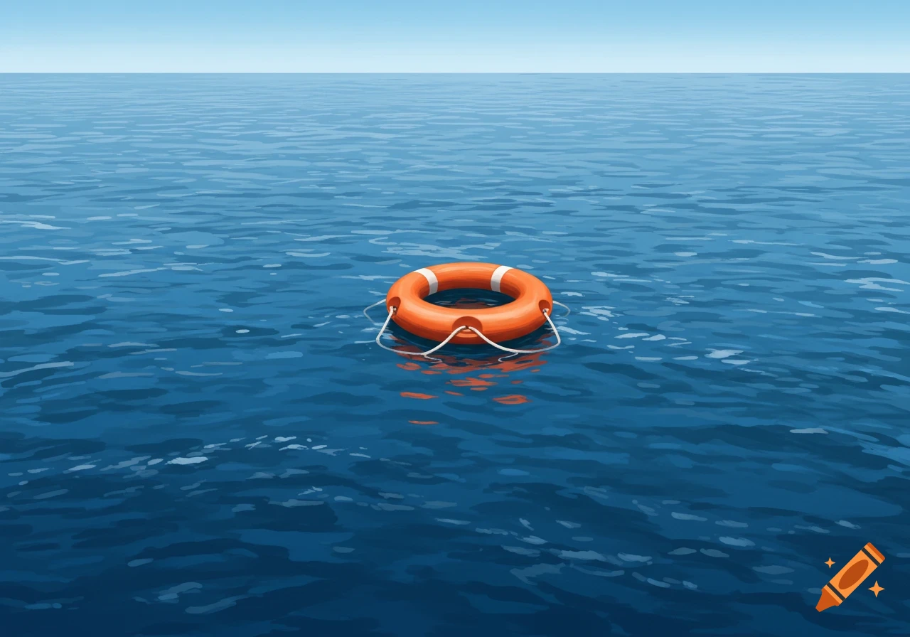An orange and white lifebuoy floats on a blue sea under a clear sky, illustration.