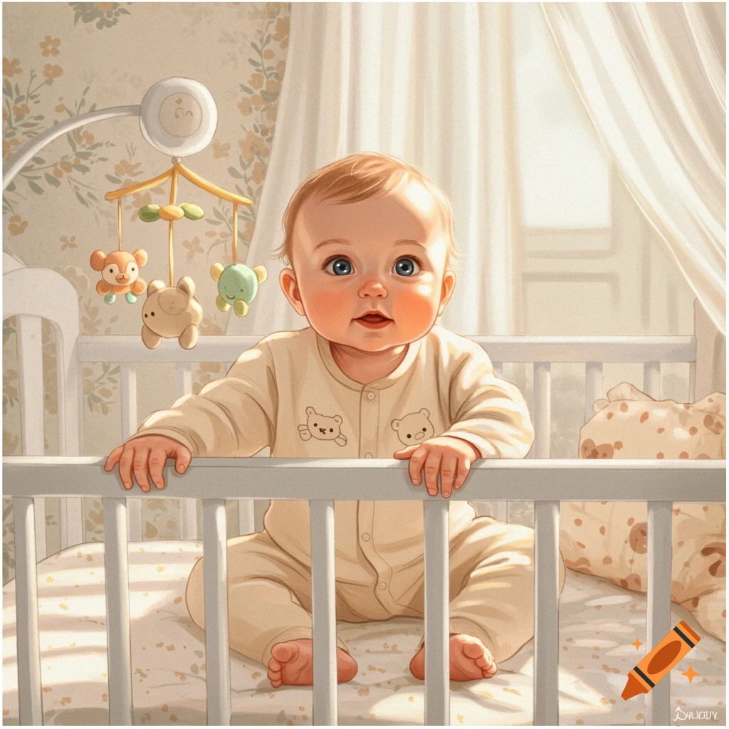 Cute baby sitting up in a crib with a mobile.