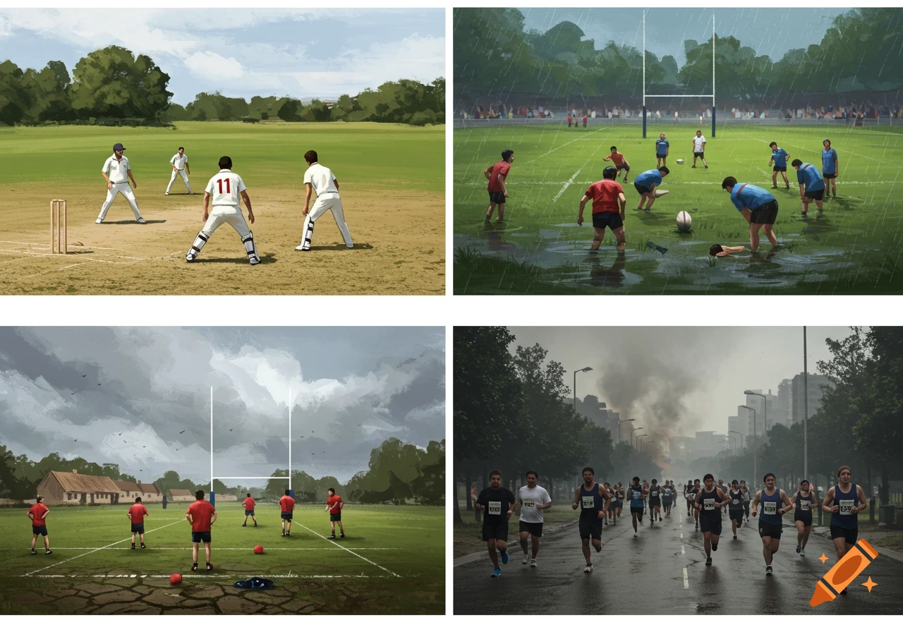 Four illustrated panels showing sports impacted by climate change: cricket on dry ground, rugby in heavy rain, rugby on cracked ground, runners in smog.