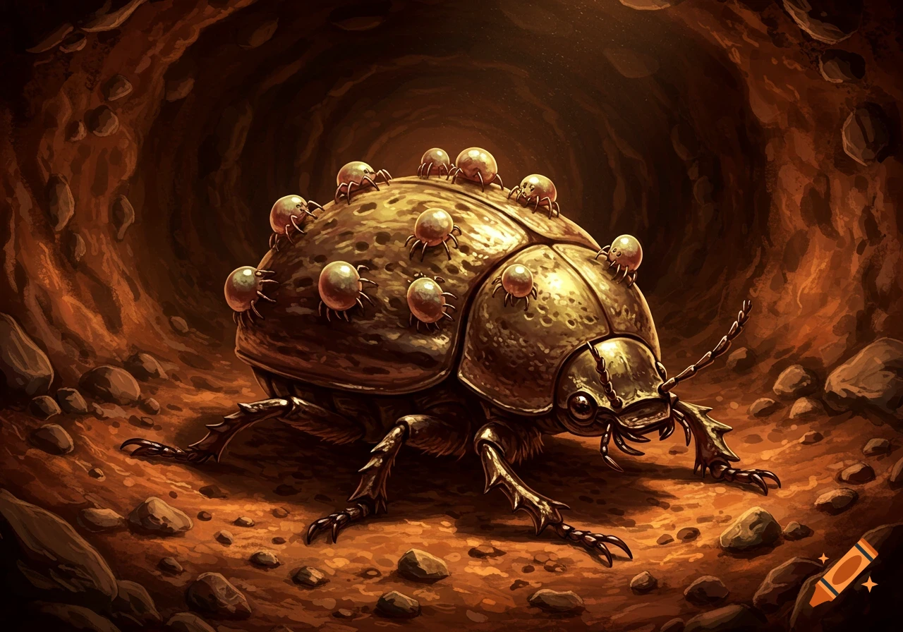 A realistic image of a large, armored beetle with tiny mites clinging to its back, in a warm underground tunnel.