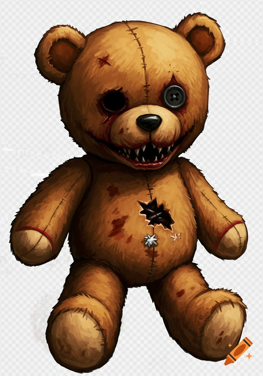 A creepy, stitched teddy bear with sharp teeth, bloodstains, and one button eye.