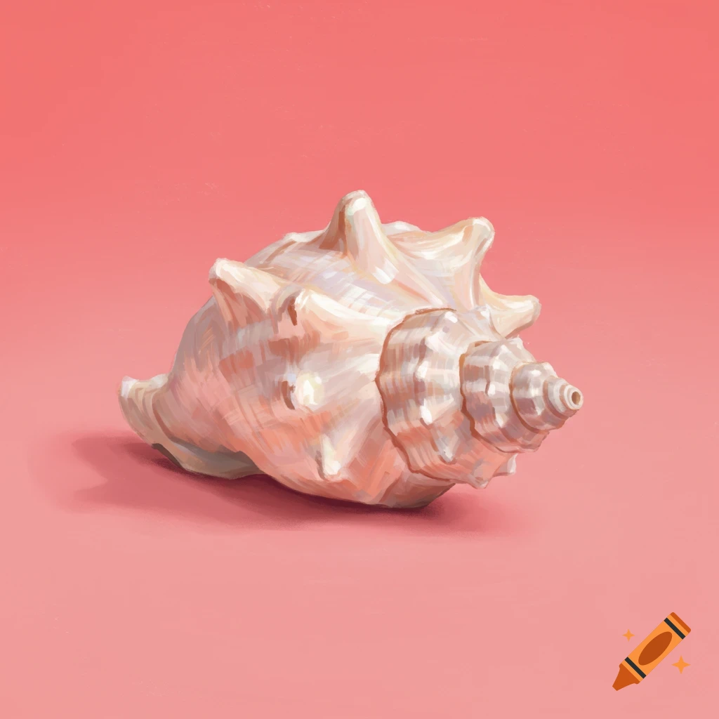 A seashell sits on a pink background in a digital painting style.