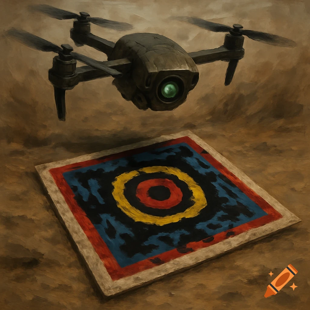 A drone hovers above a square target patch.