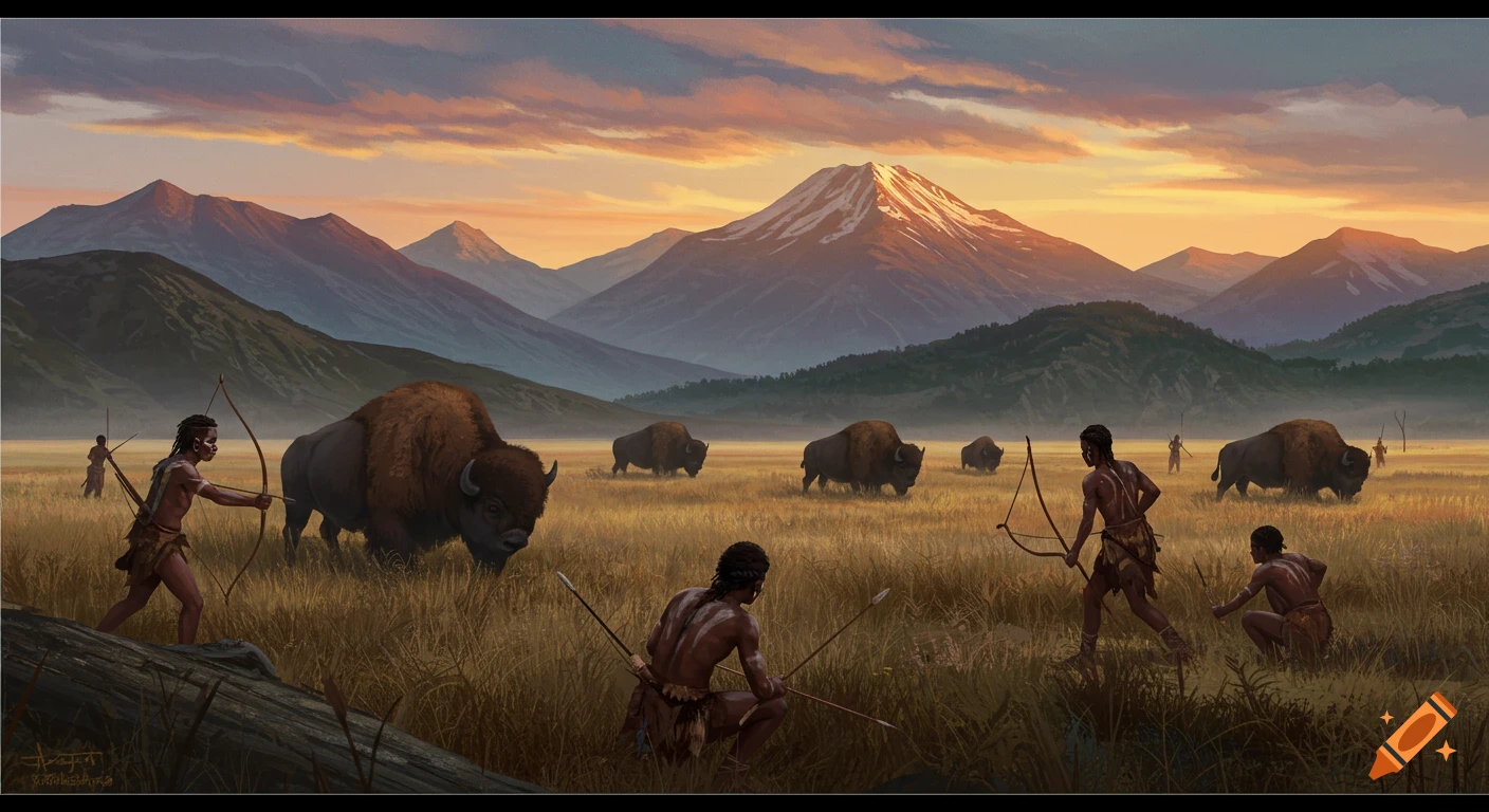 Prehistoric humans hunt a herd of buffalo with bows and spears in a wide plain at sunset with mountains in the background, digital painting style.