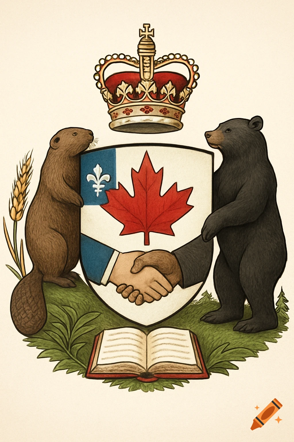 Stylized coat of arms with beaver and bear shaking hands, shield with maple leaf, crown, wheat, and book.