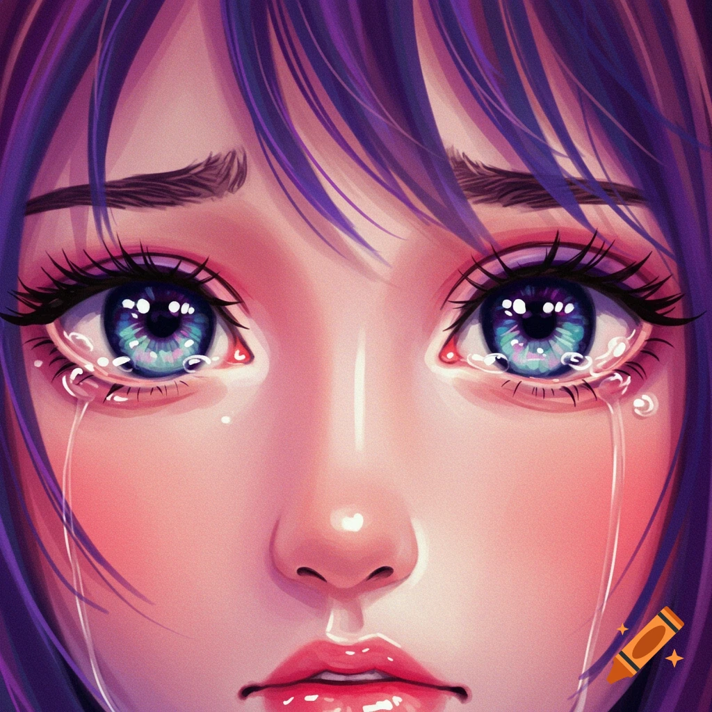 Close-up of crying anime eyes with purple hair and tears streaming down.
