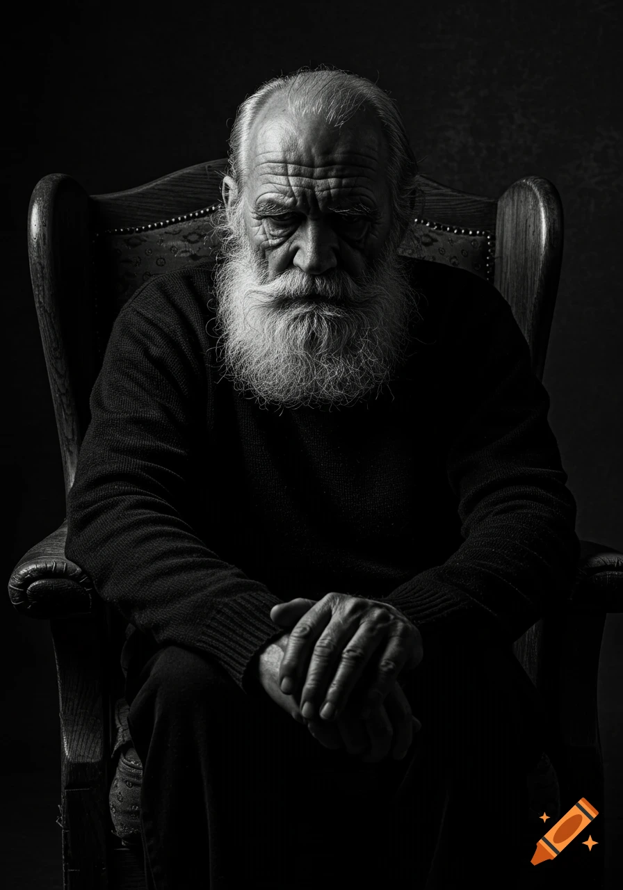 Black and white dramatic portrait of an old man with a long white beard, hunched over in a chair.