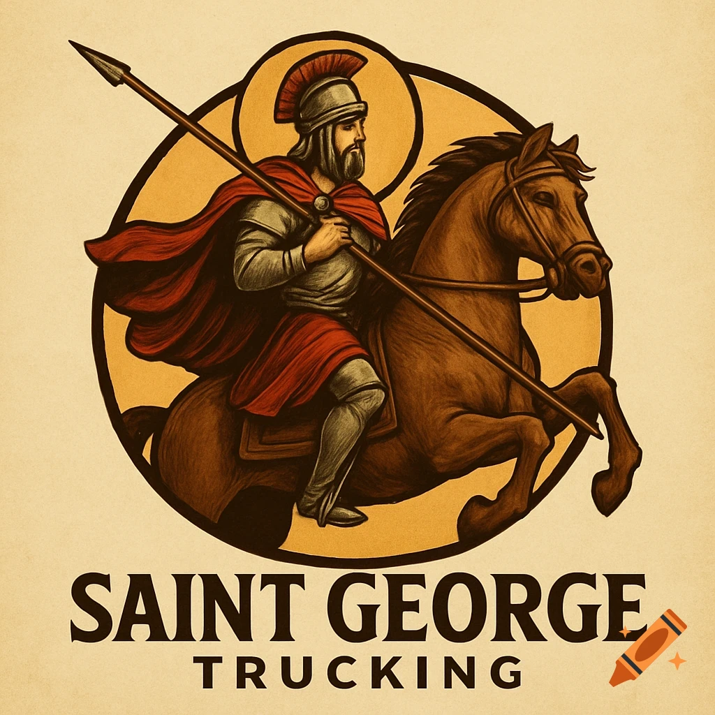 A stylized illustration of a man in a helmet and cape riding a horse, holding a spear, above the text "SAINT GEORGE TRUCKING".