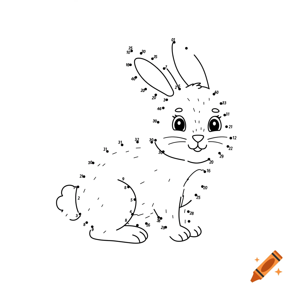 Simple line drawing of a bunny with dots and numbers for a kids dot-to-dot activity