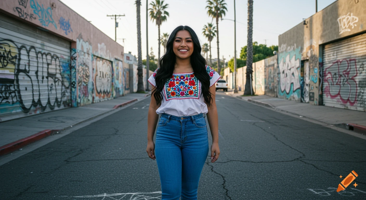 A smiling woman in embroidered top and jeans stands in a street lined with graffiti and palm trees.