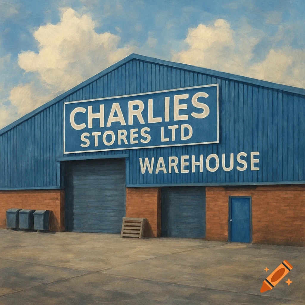 Blue warehouse building with a sign that reads 'Charlies Stores Ltd Warehouse'.