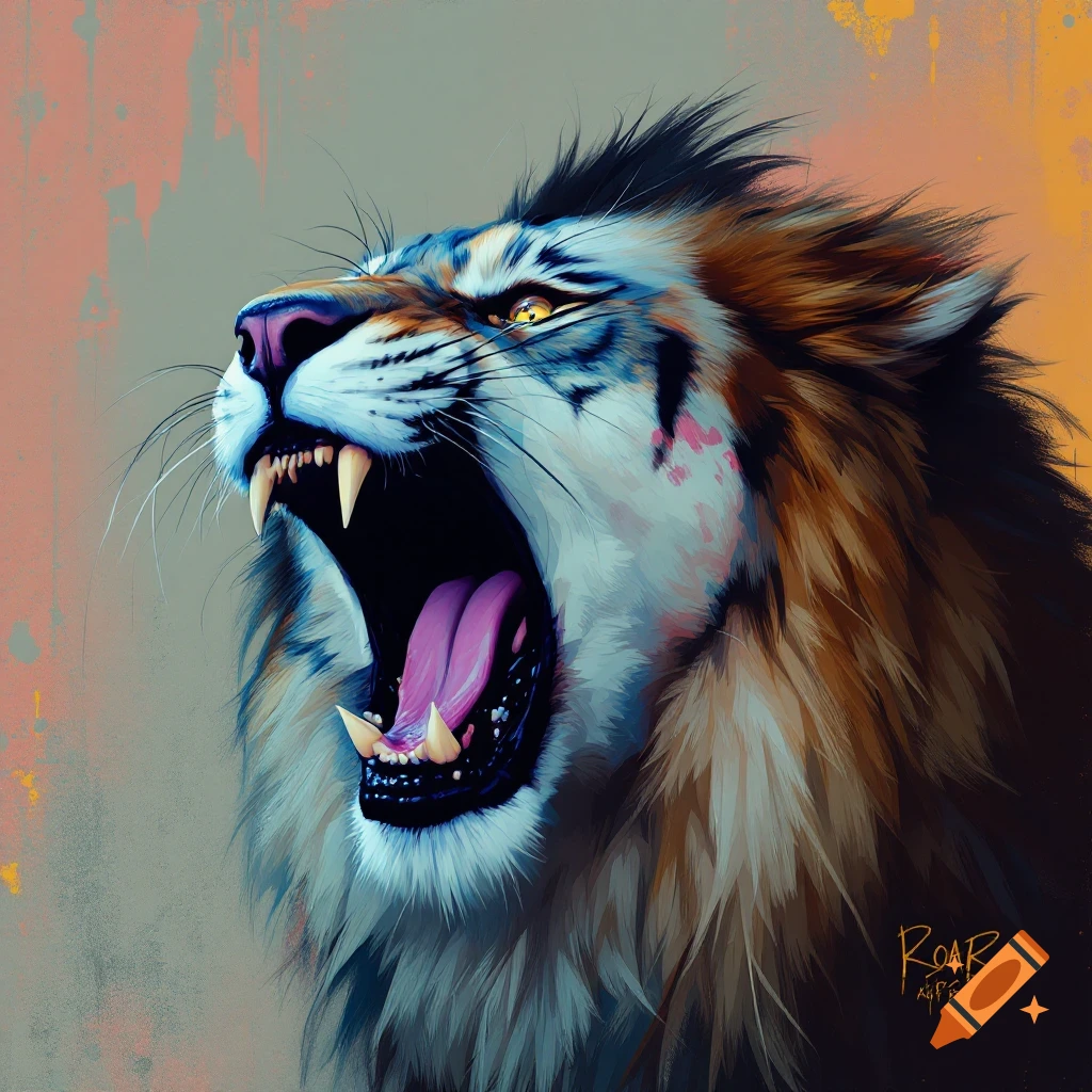 Stylized painting of a roaring lion or tiger head