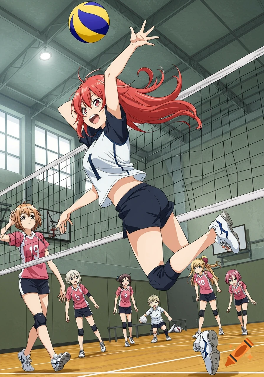 Anime girls playing volleyball in a gym.