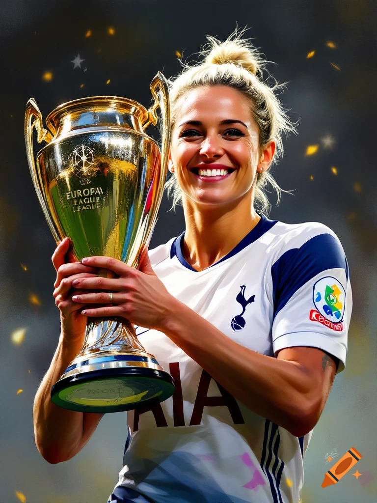 Woman in a Tottenham Hotspur shirt holds a golden trophy