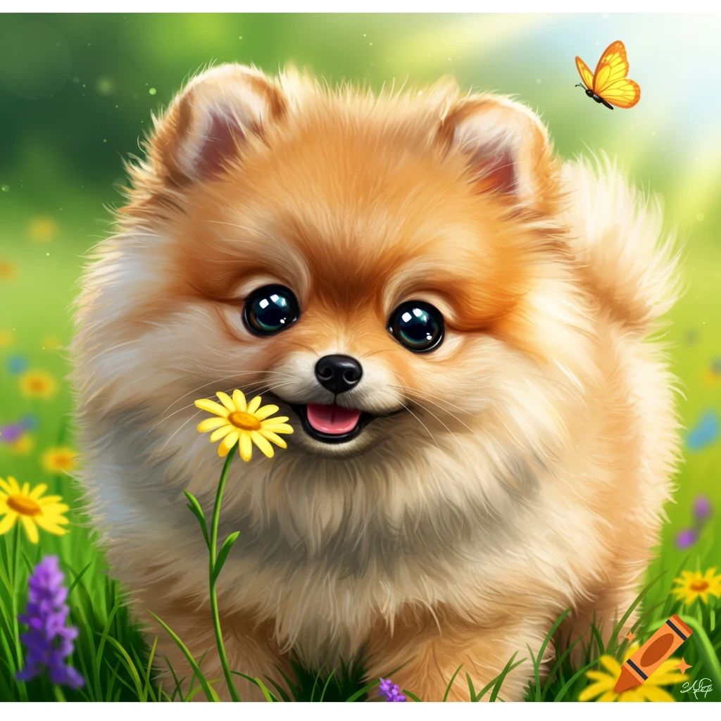 A cute fluffy Pomeranian puppy sniffs a yellow flower in a sunny field with a butterfly.