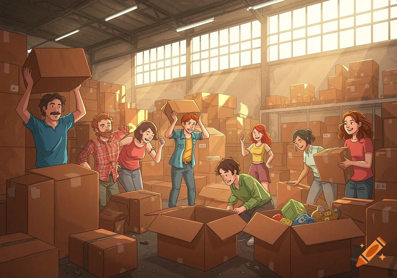 Illustration of diverse people moving boxes in a warehouse.