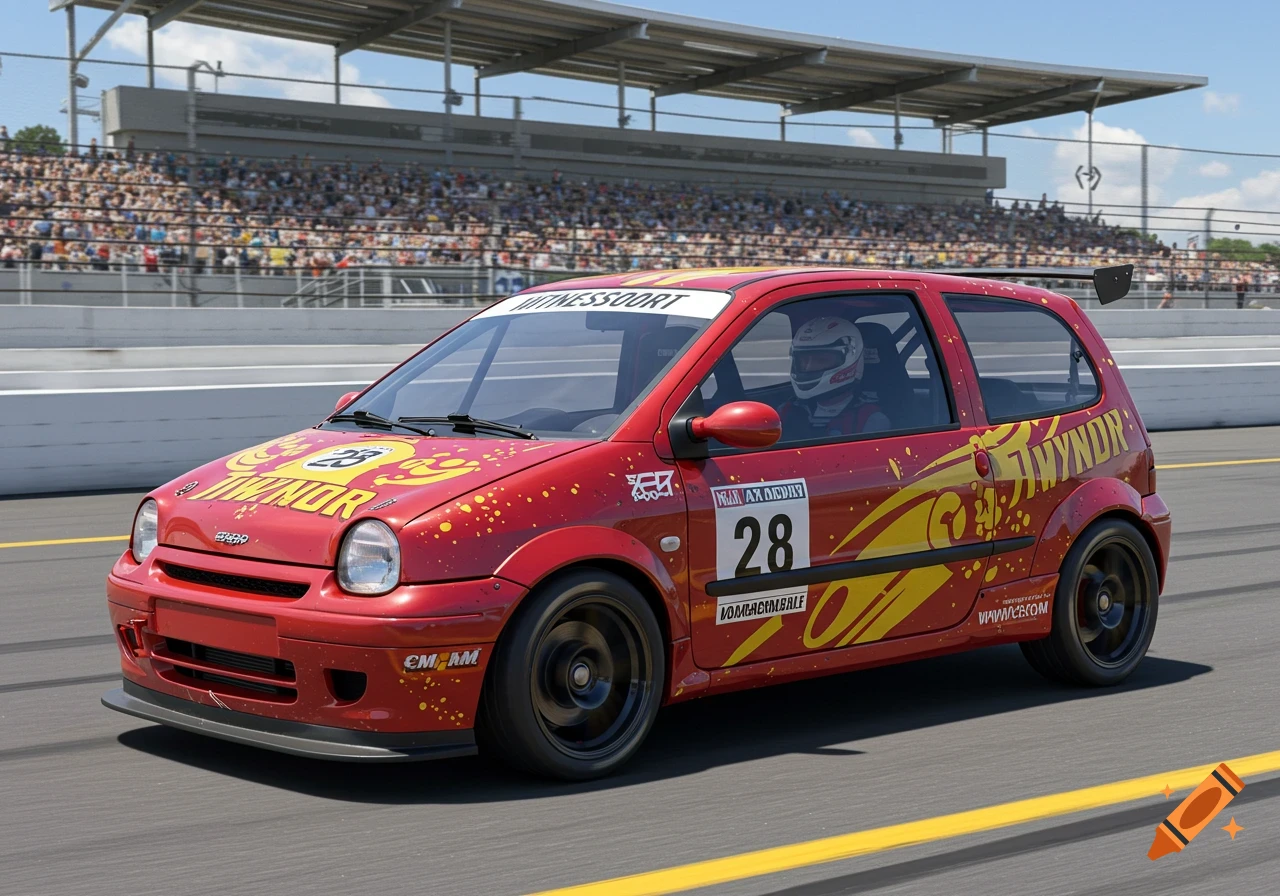 Red racing car with yellow graphics and number 28 on a track with spectators.