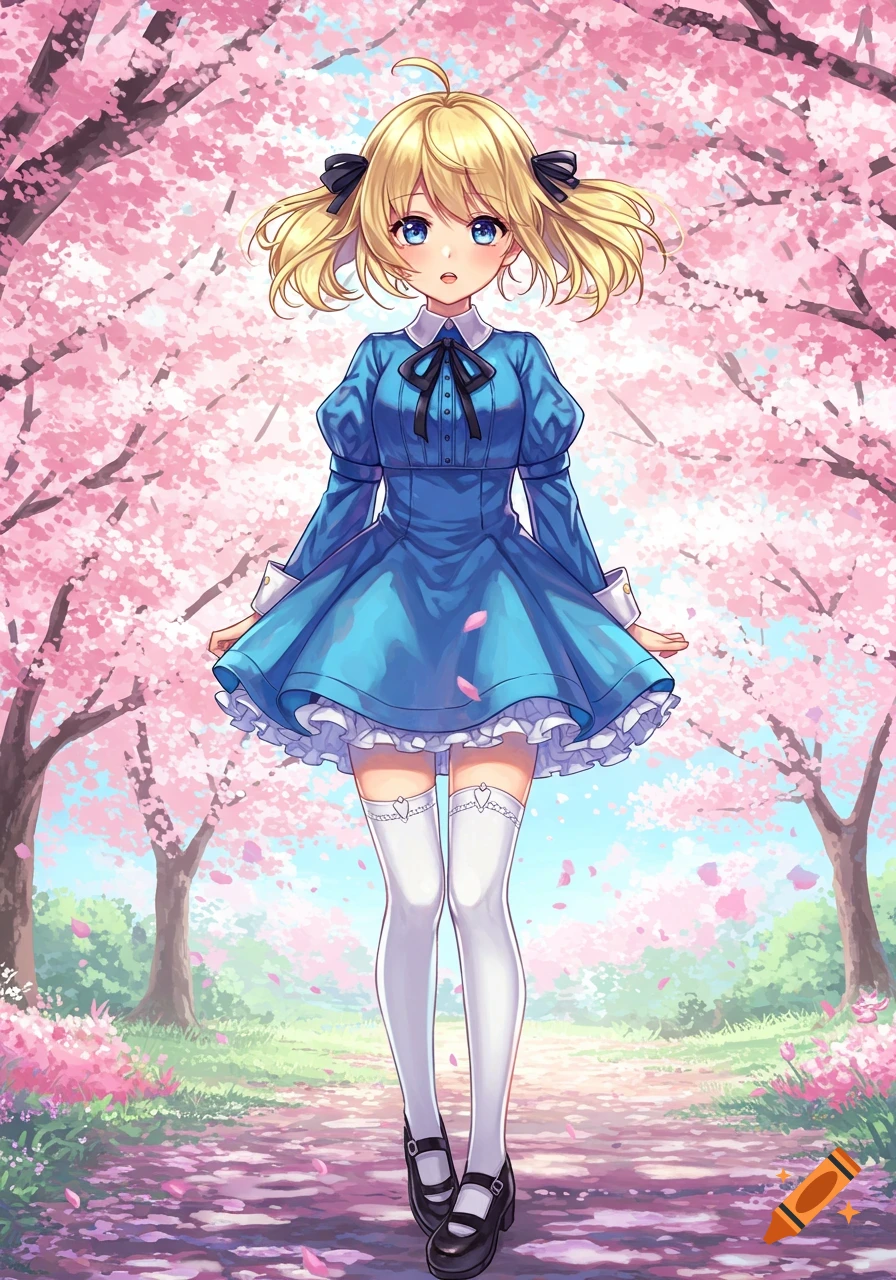 Anime girl in a blue dress standing under cherry blossom trees.