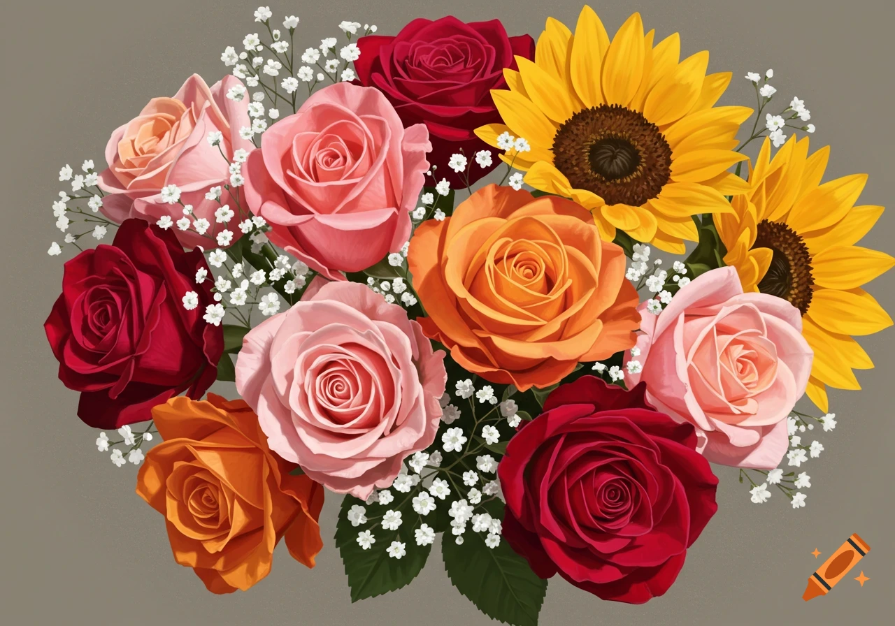 An illustration of a bouquet with red, pink, and orange roses, yellow sunflowers, and baby's breath.