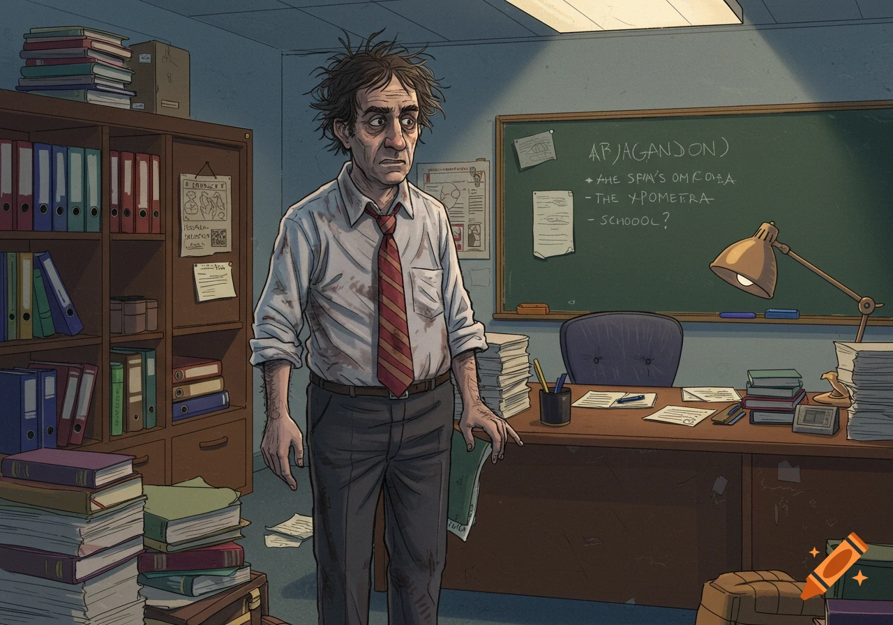 A messy man with unkempt hair and stained shirt stands in a chaotic office/classroom filled with stacks of books and papers.