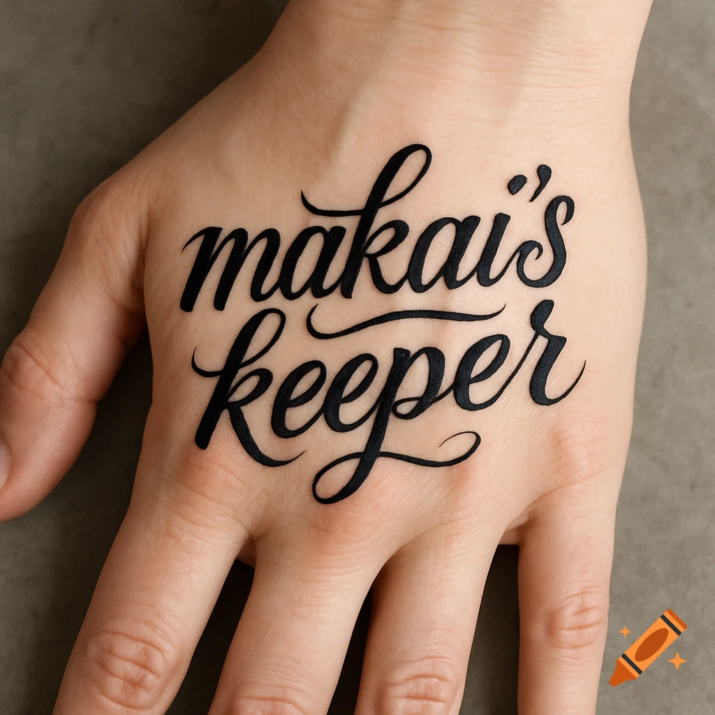 A hand with a black tattoo that says “makai’s keeper”