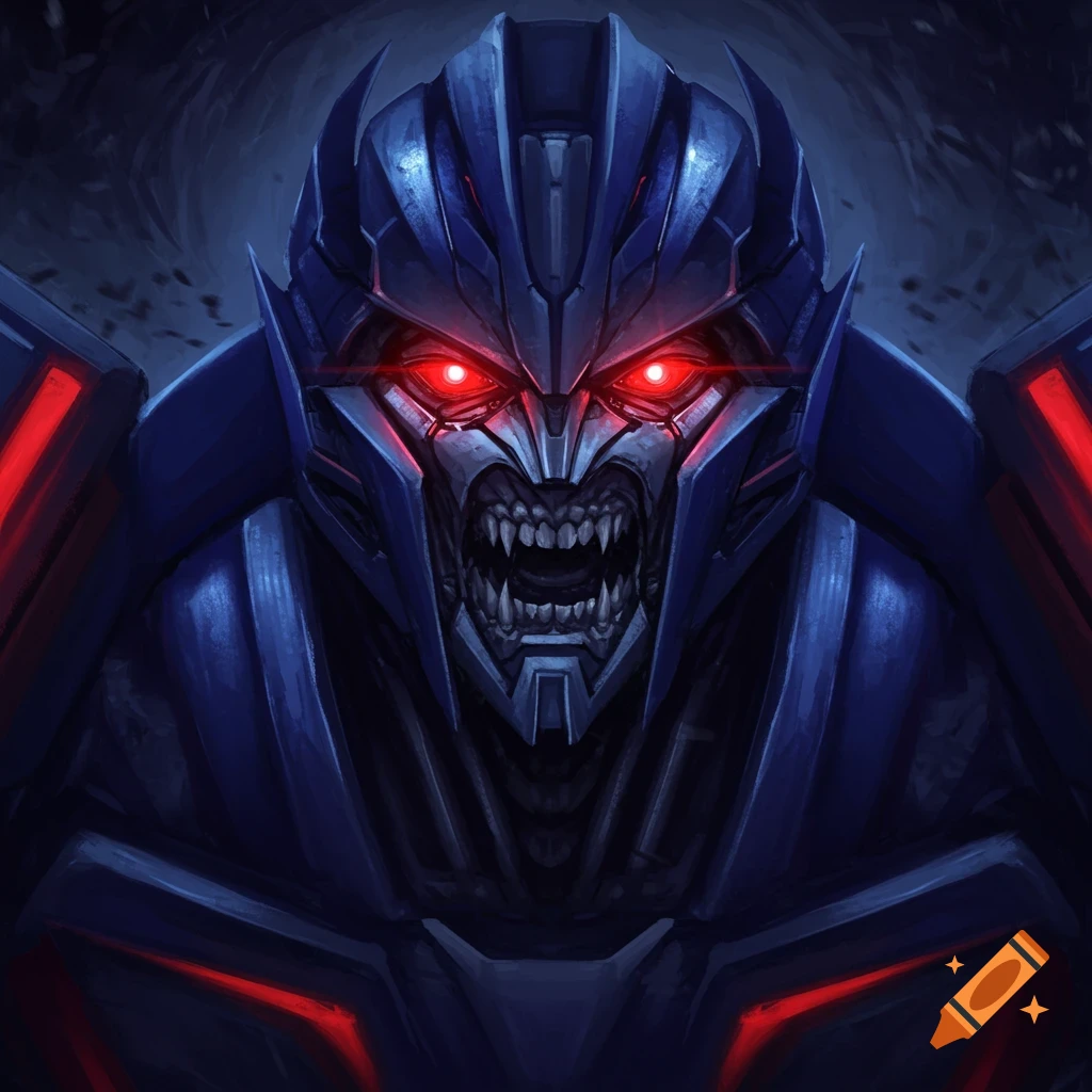 Close-up of an angry blue robot face with glowing red eyes and sharp teeth