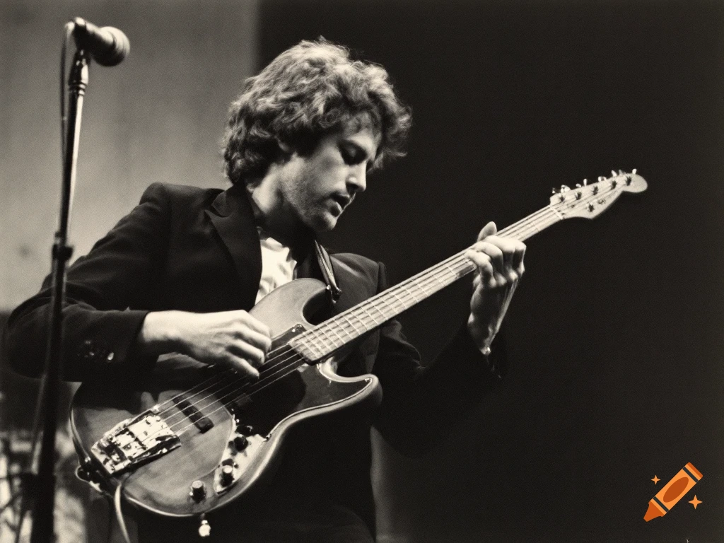 Black and white photo of a musician playing a bass guitar on stage.