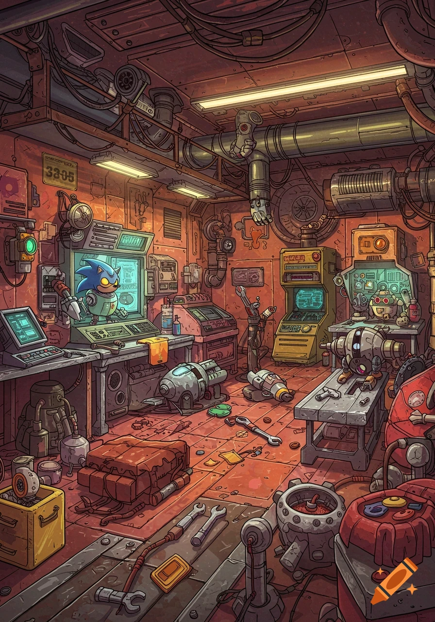 Sonic the Hedgehog in a cluttered, retro-futuristic mechanic workshop.